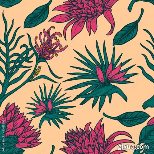 Flower Pattern Leaves Hand Draw Vintage Design 19xAI