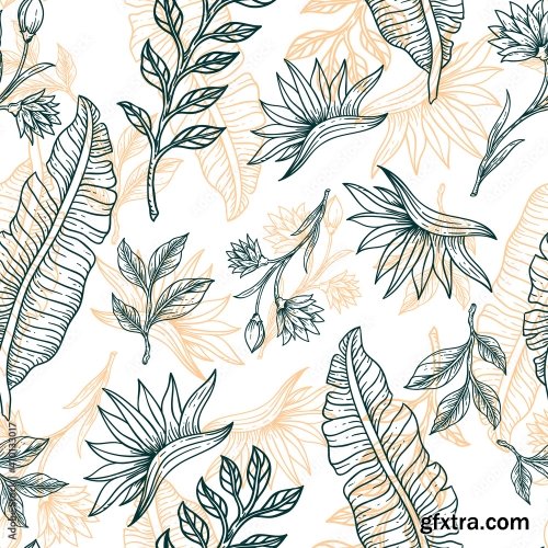 Flower Pattern Leaves Hand Draw Vintage Design 19xAI