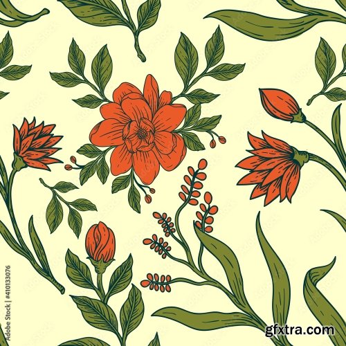 Flower Pattern Leaves Hand Draw Vintage Design 19xAI