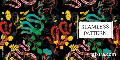 Seamless Pattern Leaves And Snake Trendy Style 19xAI