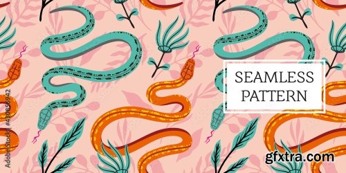 Seamless Pattern Leaves And Snake Trendy Style 19xAI