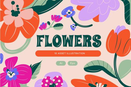 Cream Flat Design Flowers Illustration Set