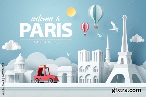 Paper Art Of Red Car Take Travel To Paris 6xAI