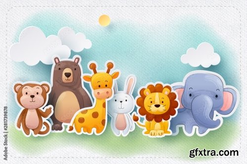 Paper Craft Of Zoo Animals And Forest 6xAI