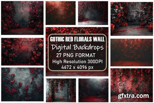 Gothic Red Flowers Wall Digital Backdrop Bundle