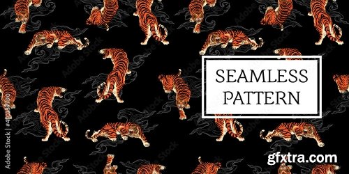 Tiger Seamless Pattern Japan Tattoo Style 5xAI