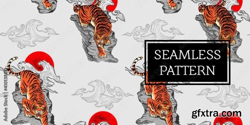 Tiger Seamless Pattern Japan Tattoo Style 5xAI