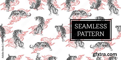 Tiger Seamless Pattern Japan Tattoo Style 5xAI