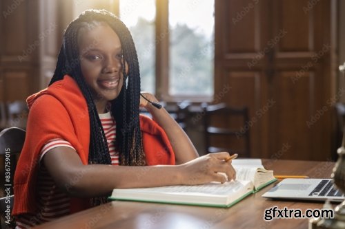 Long-Haired Young Woman In Red Clothes Studying In The Library 6xJPEG