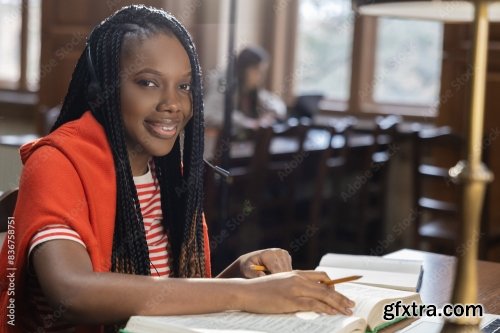 Long-Haired Young Woman In Red Clothes Studying In The Library 6xJPEG