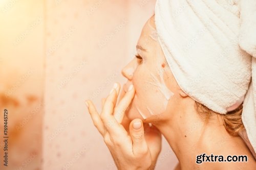 Young Beautiful Woman Using Face Cream Moisturizing Lotion After Bath 6xJPEG