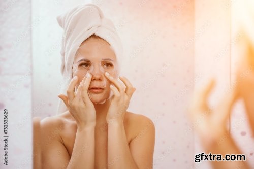 Young Beautiful Woman Using Face Cream Moisturizing Lotion After Bath 6xJPEG