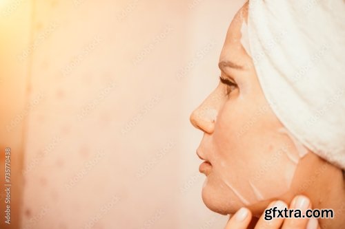 Young Beautiful Woman Using Face Cream Moisturizing Lotion After Bath 6xJPEG