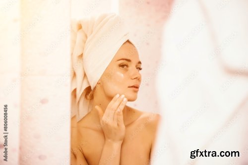 Young Beautiful Woman Using Face Cream Moisturizing Lotion After Bath 6xJPEG