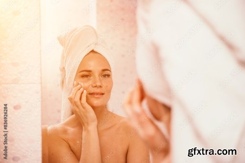 Young Beautiful Woman Using Face Cream Moisturizing Lotion After Bath 6xJPEG