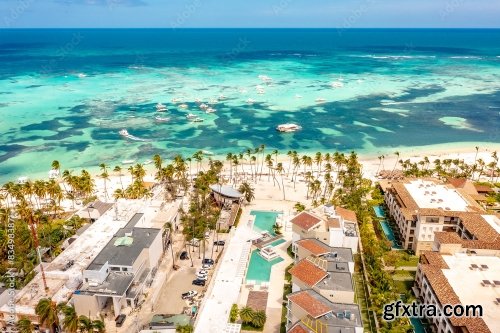 Ocean Coast With Tropical Tourist Complex And Yachts In Water 6xJPEG