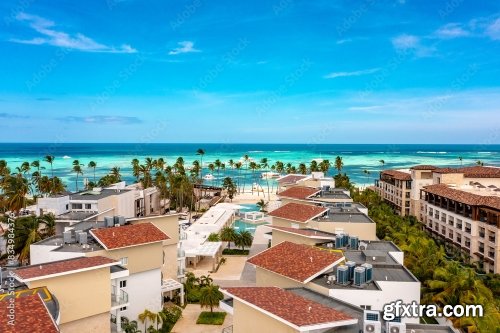 Ocean Coast With Tropical Tourist Complex And Yachts In Water 6xJPEG