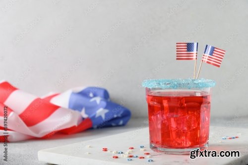 Patriotic Red Pomegranate Margarita Cocktail On Gray Background 6xJPEG