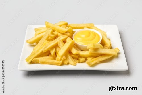 Plate With Golden French Fries And Cheese Sauce 6xJPEG