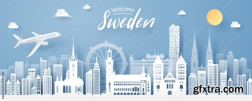 Paper Cut Of Sweden Landmark Travel And Tourism Concept 4xAI