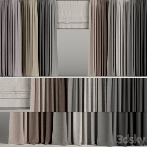 A set of curtains in different colors with a roman curtain.