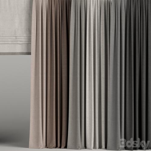 A set of curtains in different colors with a roman curtain.