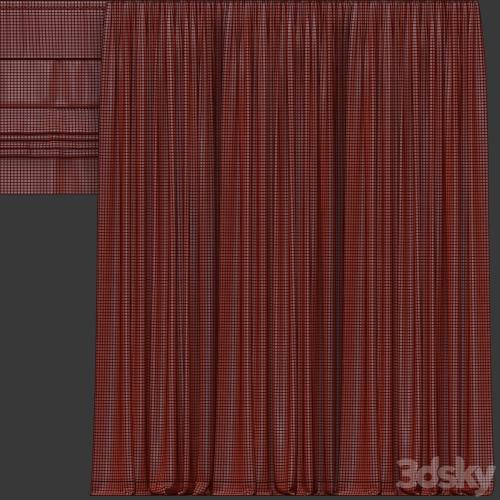 A set of curtains in different colors with a roman curtain.