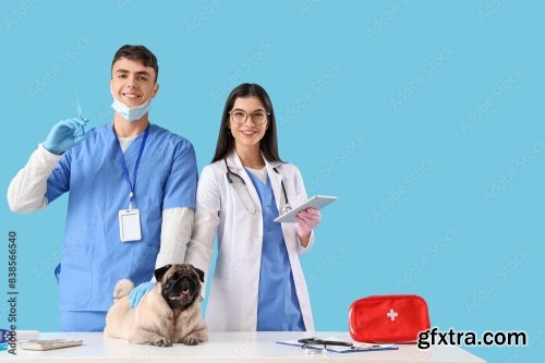 Young Veterinarians Brushing Pug Dog\'s Teeth 6xJPEG