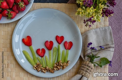 Dish With Strawberries In The Form Of Flowers 6xJPEG