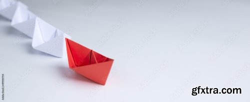 Leadership And Teamwork Concept Red Paper Ship Leading Among White 7xJPEG