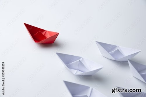 Leadership And Teamwork Concept Red Paper Ship Leading Among White 7xJPEG