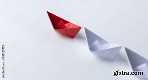 Leadership And Teamwork Concept Red Paper Ship Leading Among White 7xJPEG
