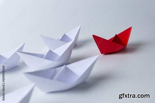 Leadership And Teamwork Concept Red Paper Ship Leading Among White 7xJPEG