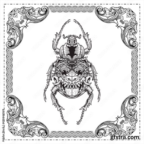 Beetle Engraving A Deer Beetle With A Face And Mask On The Wings Hand Drawn Illustration Design 7xAI