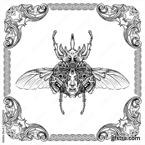 Beetle Engraving A Deer Beetle With A Face And Mask On The Wings Hand Drawn Illustration Design 7xAI