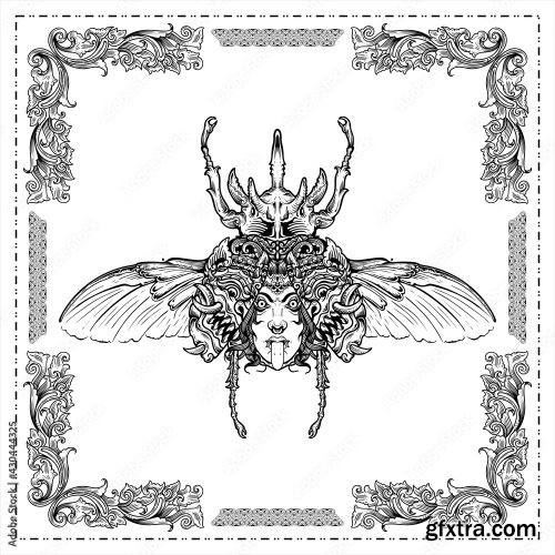 Beetle Engraving A Deer Beetle With A Face And Mask On The Wings Hand Drawn Illustration Design 7xAI