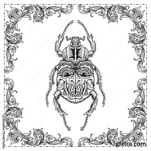 Beetle Engraving A Deer Beetle With A Face And Mask On The Wings Hand Drawn Illustration Design 7xAI