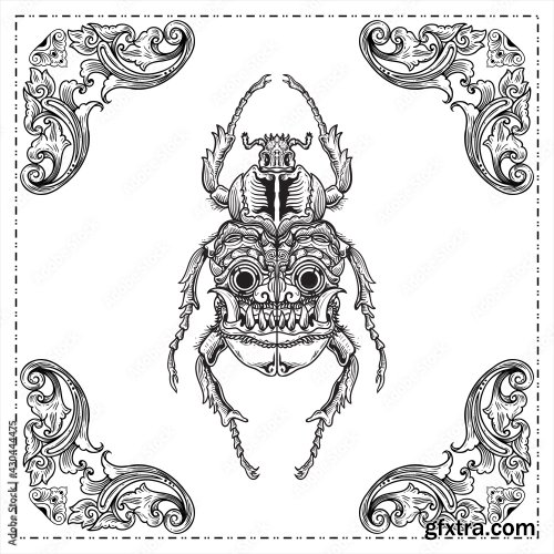 Beetle Engraving A Deer Beetle With A Face And Mask On The Wings Hand Drawn Illustration Design 7xAI