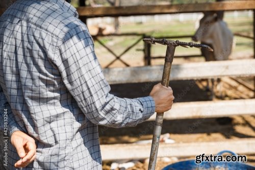 The Farmer Holding Fork In His Farm Agriculture And Livestock Concept 6xJPEG