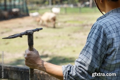The Farmer Holding Fork In His Farm Agriculture And Livestock Concept 6xJPEG