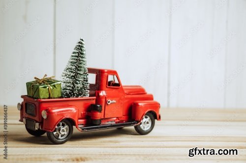 Red Christmas Truck With Pine Tree 8xJPEG