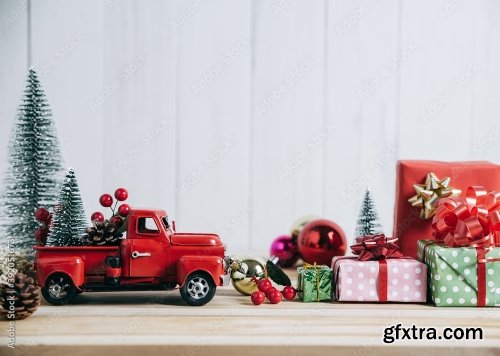 Red Christmas Truck With Pine Tree 8xJPEG