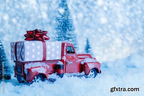 Red Christmas Truck With Pine Tree 8xJPEG