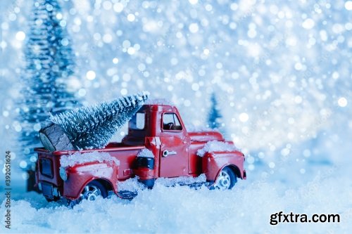 Red Christmas Truck With Pine Tree 8xJPEG