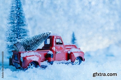 Red Christmas Truck With Pine Tree 8xJPEG