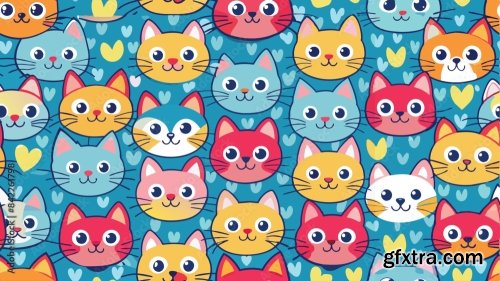 Printseamless Pattern Of A Cute Cat On Diferent Style And Colors 6xAI