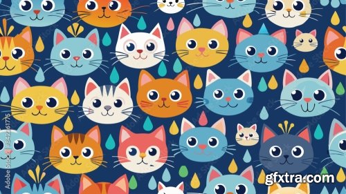 Printseamless Pattern Of A Cute Cat On Diferent Style And Colors 6xAI