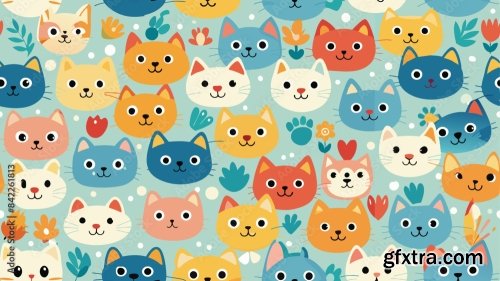 Printseamless Pattern Of A Cute Cat On Diferent Style And Colors 6xAI