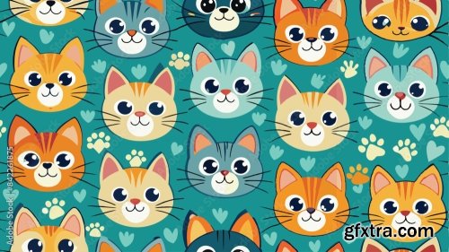 Printseamless Pattern Of A Cute Cat On Diferent Style And Colors 6xAI