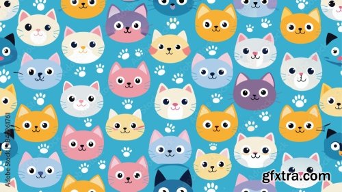 Printseamless Pattern Of A Cute Cat On Diferent Style And Colors 6xAI